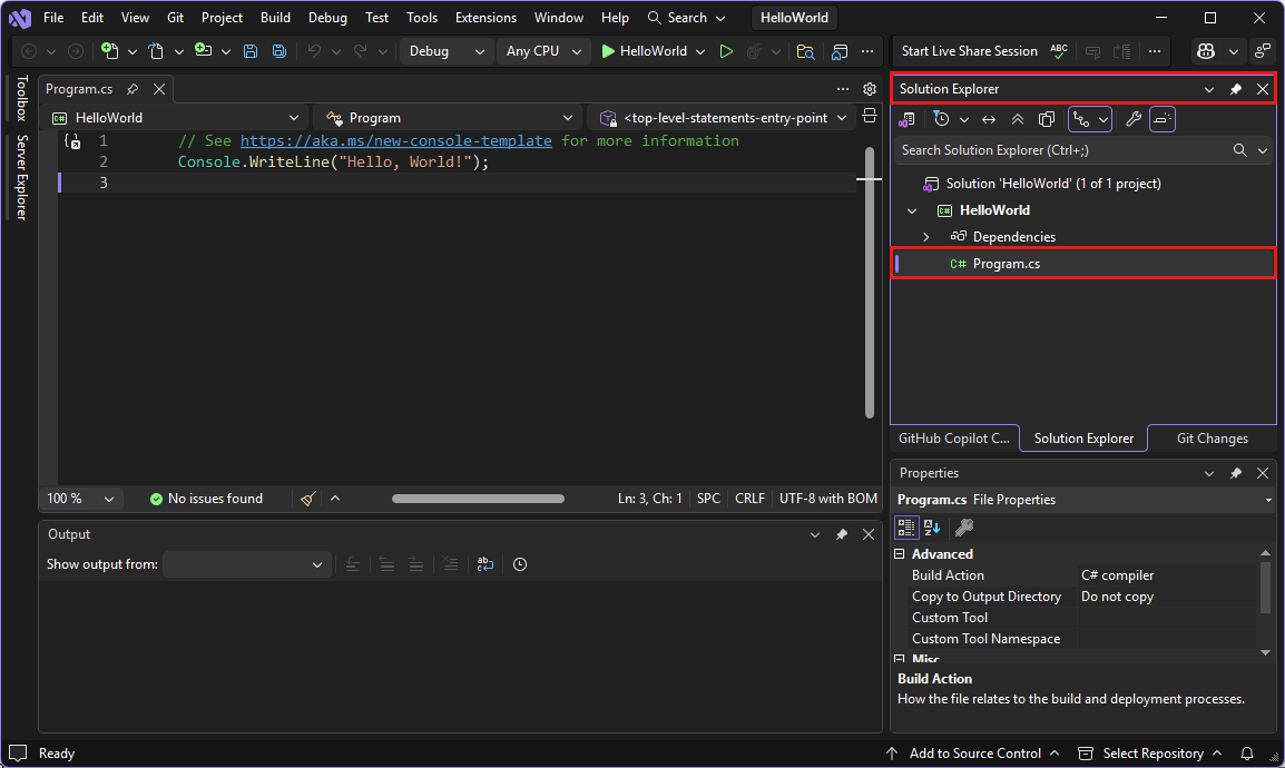 Program.cs kodunun editörde yer aldığı Visual Studio IDE'yi gösteren ekran görüntüsü.