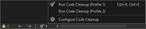 Visual Studio 2022'deki Kod Temizliği simgesini ve menüsünü gösteren ekran görüntüsü