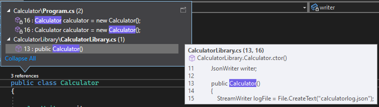 Visual Studio 2022'deki CodeLens'i gösteren ekran görüntüsü.
