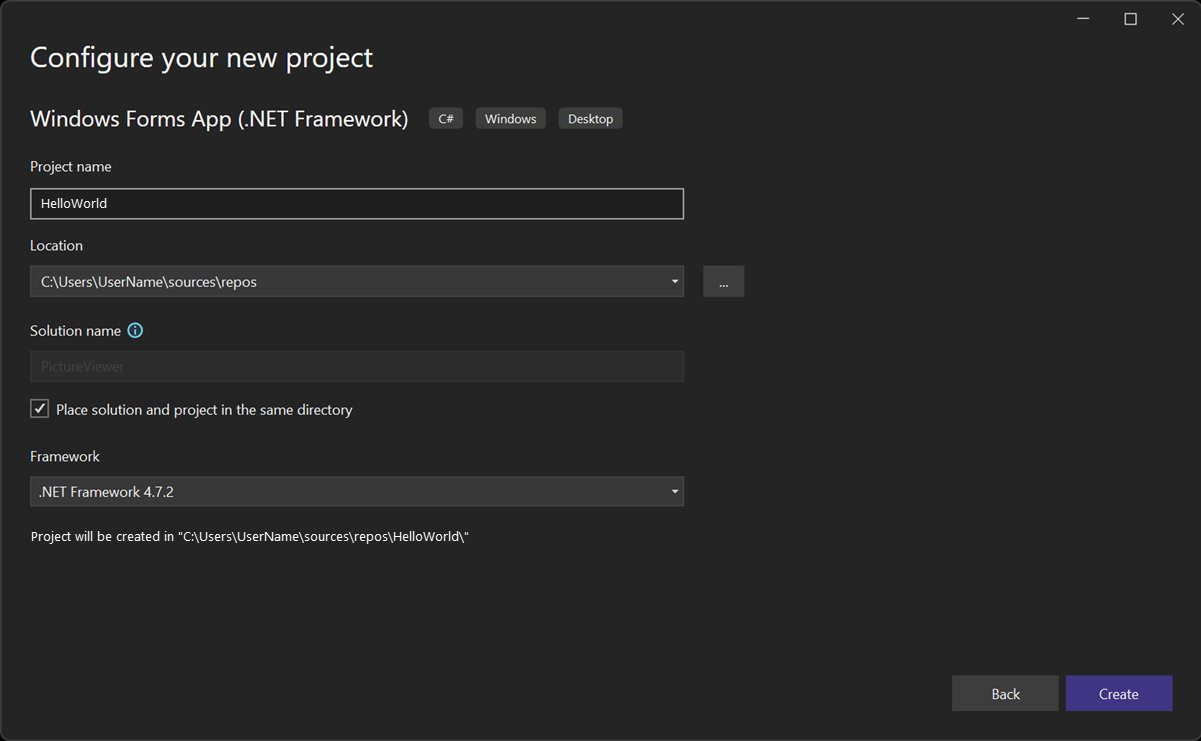 Yeni projenizi yapılandırma penceresinin Ekran görüntüsü Visual Studio 2022'de HelloWorld girilen proje adıyla.