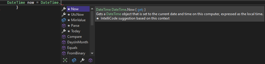 Visual Studio 2022'deki IntelliSense üye listesini gösteren ekran görüntüsü.