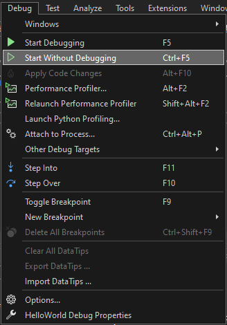 Screenshot that shows the Debug > Start without Debugging menu item in Visual Studio 2022.