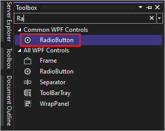Ortak WPF Denetimleri listesinde RadioButton denetiminin seçili olduğu Araç Kutusu penceresini gösteren ekran görüntüsü.