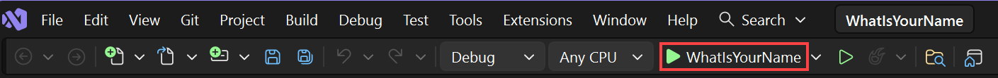 Visual Studio araç çubuğunda 'Adınız Nedir' düğmesinin vurgulandığı ekran görüntüsü.