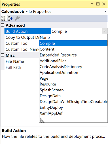 Visual Studio'da bir dosya için oluşturma eylemleri