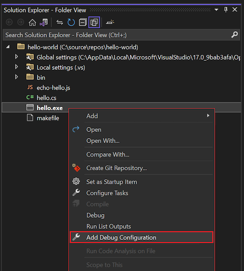 Debug and Launch Settings context menu