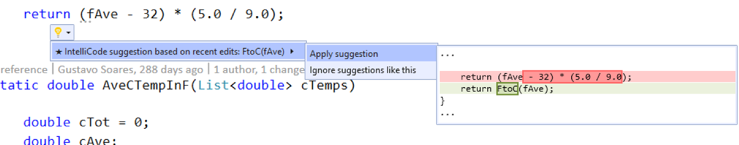 IntelliCode önerileri ampulünü gösteren ekran görüntüsü.