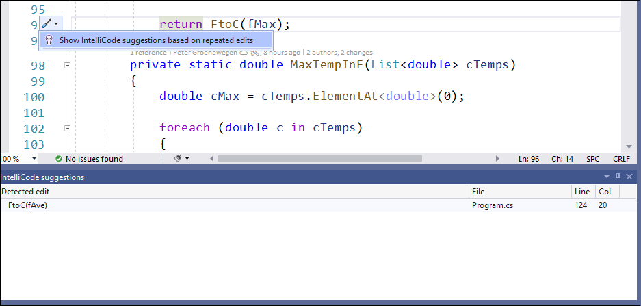 IntelliCode önerileri bulma işlemini gösteren ekran görüntüsü.