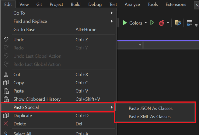 Visual Studio'daki Düzenle menüsünden Özel Yapıştır seçeneğinin ekran görüntüsü.