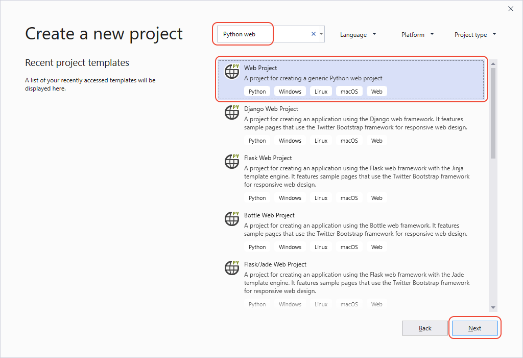 Visual Studio 2019'da yeni bir Python Web Projesi oluşturmayı gösteren ekran görüntüsü.