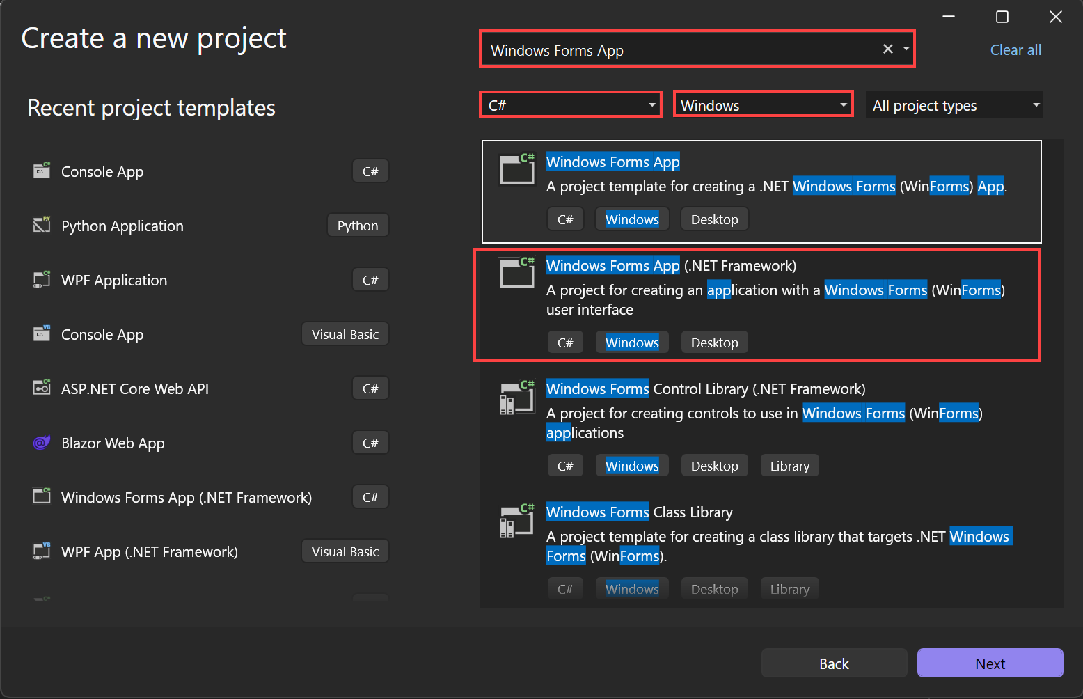 Windows Forms Uygulaması (.NET Framework) için C# şablonunu gösteren ekran görüntüsü.
