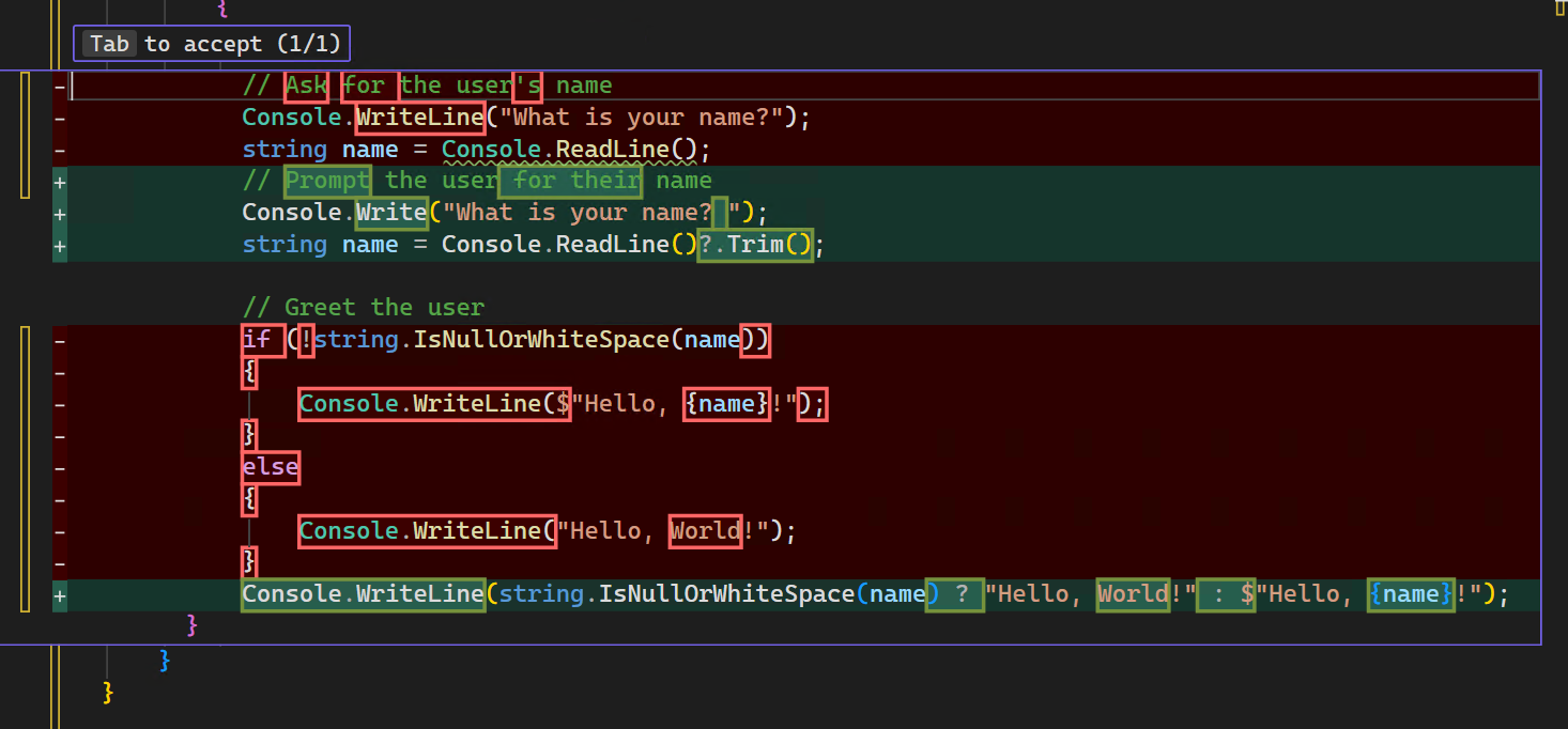 Visual Studio karşılaştırma görünümünde kod önerilerinin ekran görüntüsü.