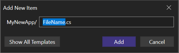 Visual Studio'daki yeni Hızlı Ekle iletişim kutusunun ekran görüntüsü.