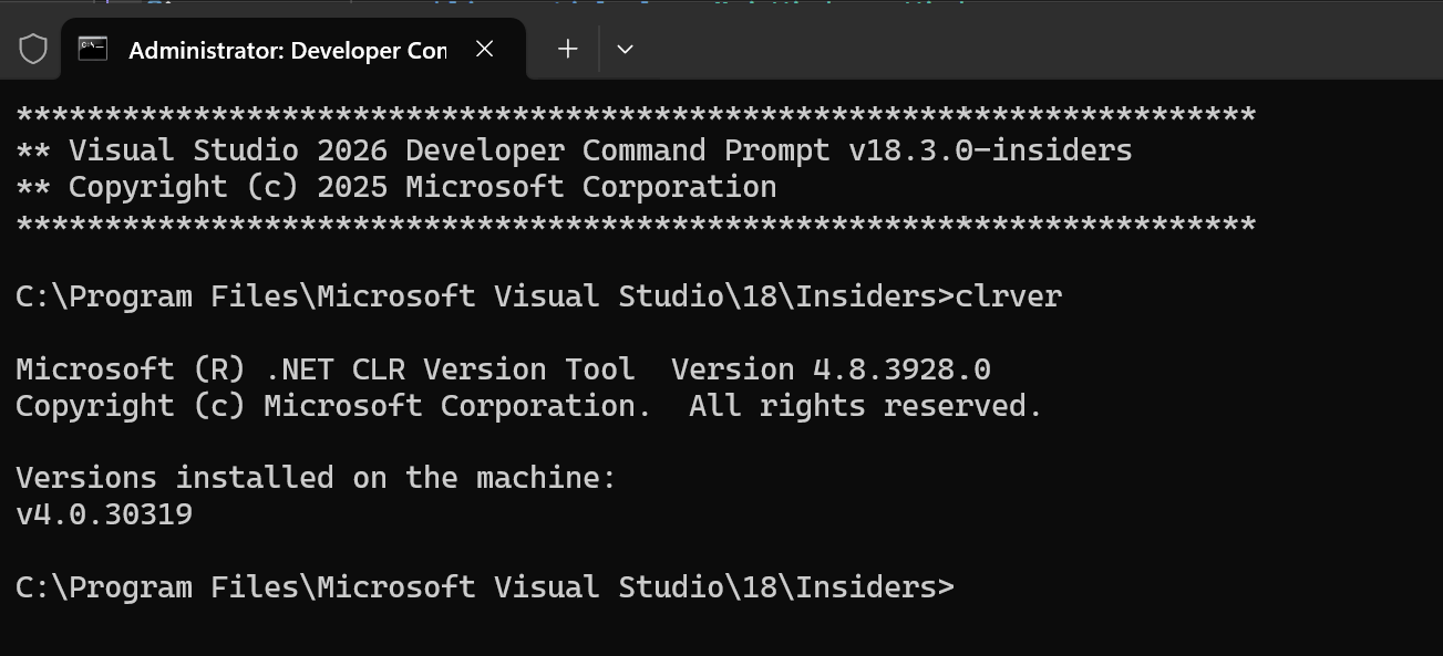 Visual Studio için Geliştirici Komut İstemi'nin ekran görüntüsü.