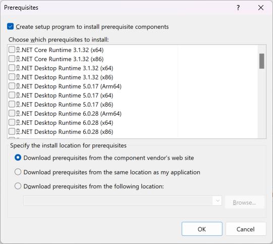 Visual Studio'da Önkoşullar iletişim kutusu