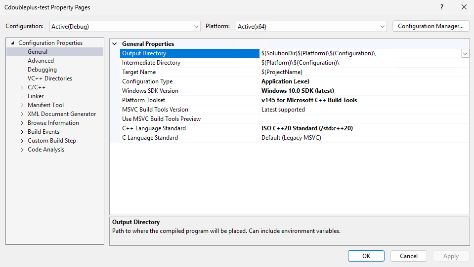C++ proje özellikleri sayfasının ekran görüntüsü.