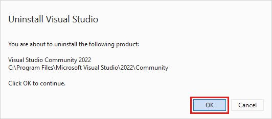 Visual Studio 2022'yi kaldırmak istediğinizi onaylamak için iletişim kutusunu gösteren ekran görüntüsü.