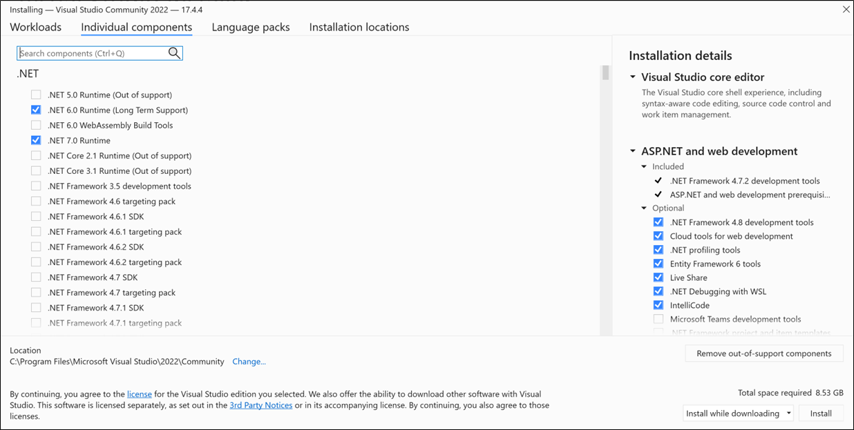 Screenshot showing the Individual components tab of the Visual Studio Installer.