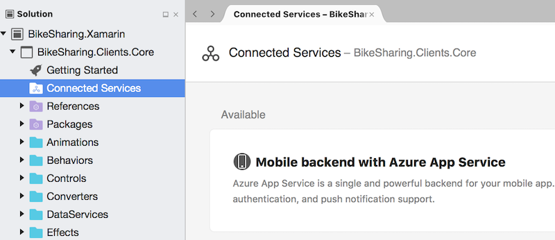 Connected Services node in Visual Studio for Mac