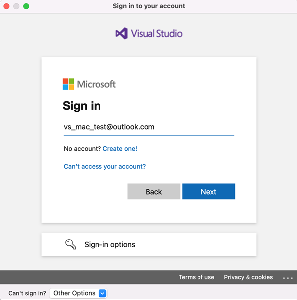 Screenshot of entering sign-in account details in Visual Studio 2022 for Mac.