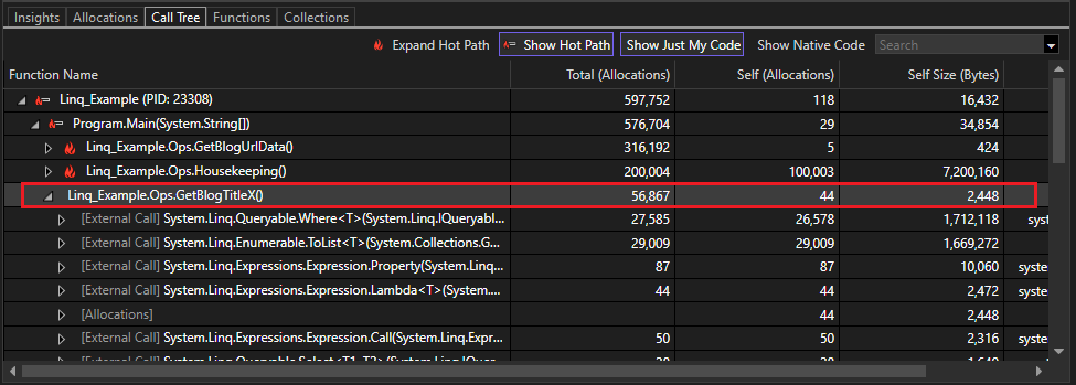 .NET Nesne Ayırma aracındaki azaltılmış bellek ayırmalarının ekran görüntüsü.