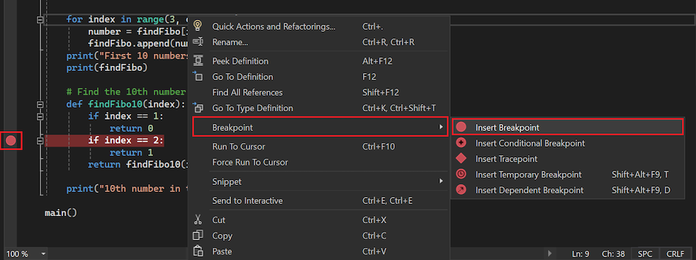 Visual Studio'da kod dosyasının sol kenar boşluğunda kesme noktalarının nasıl görüntülendiğini gösteren ekran görüntüsü.
