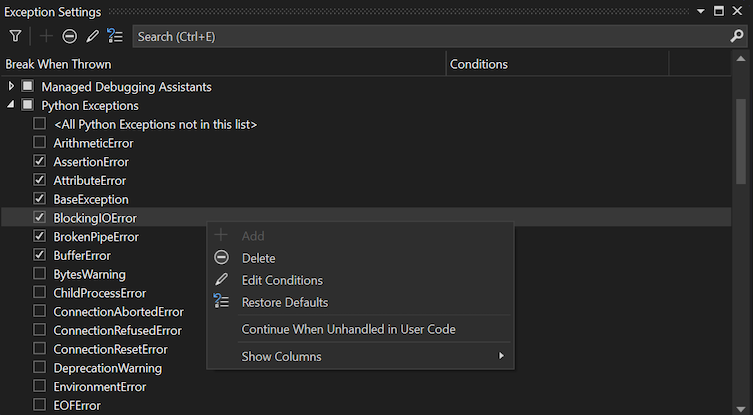 Visual Studio hata ayıklayıcısında Özel Durum Ayarları penceresini gösteren ekran görüntüsü.