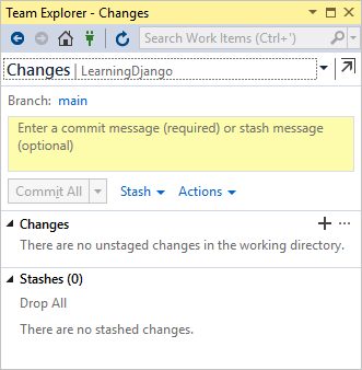 Team Explorer window on the Changes page