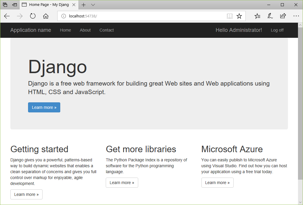 Visual Studio'da Django öğreticisini öğrenin 4. adım, web projesi şablonu |  Microsoft Learn