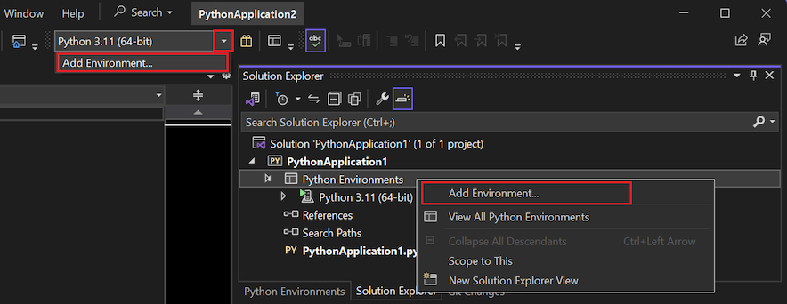 Screenshot that shows the two options to access the Add Environments feature in Visual Studio.