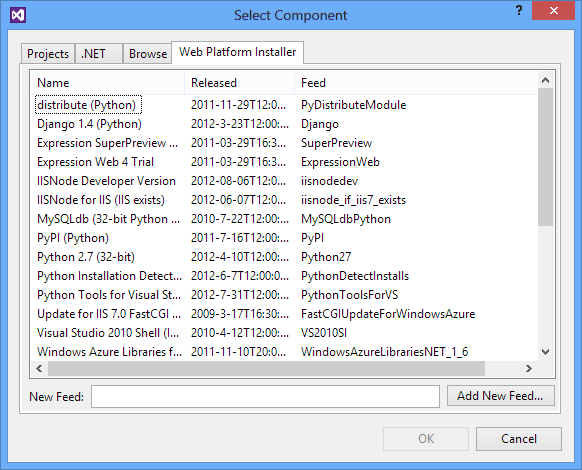 Visual Studio'da Web Platformu Yükleyicisi (WebPI) başvurularını gösteren ekran görüntüsü.