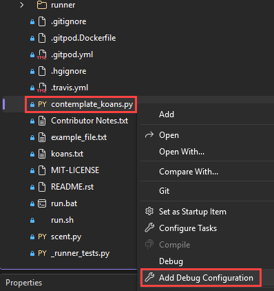 Visual Studio'da seçili bir dosya için Hata Ayıklama Yapılandırması Ekle seçeneğinin nasıl seçileceğini gösteren ekran görüntüsü.