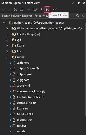 Visual Studio'da gizli klasörlerin ve dosyaların nasıl görüntüleneceğini gösteren ekran görüntüsü.