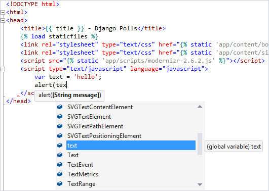 Visual Studio'da Django geliştirmesinde kullanılan JavaScript için IntelliSense desteğini gösteren ekran görüntüsü.