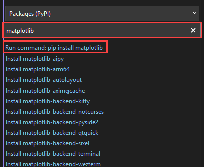 Visual Studio'daki Python Ortamları penceresinde seçili ortam için matplotlib kitaplığının nasıl yükleneceğini gösteren ekran görüntüsü.