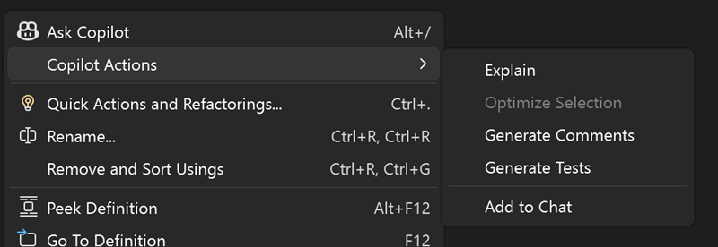Visual Studio bağlam menüsünün ekran görüntüsü, Açıklama, Seçimi Optimize Et, Açıklama Yorumları Oluştur, Testler Oluştur ve Sohbete Ekle gibi beş Copilot eylemini gösteriyor