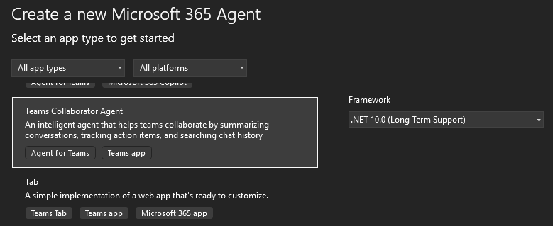 Visual Studio'da Teams Collaborator Agent şablonu