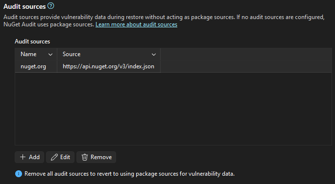 nuget.org URL'si ile yapılandırılmış denetim kaynağı