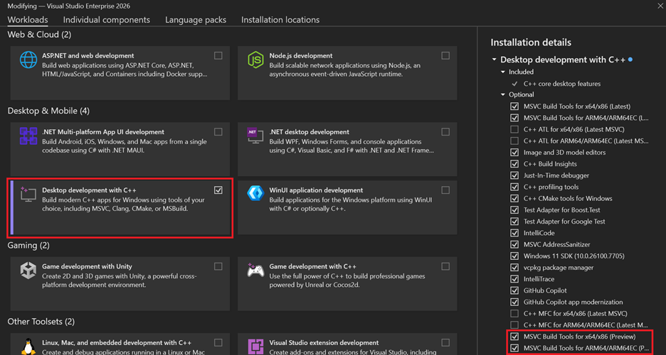 C++ iş yüküyle Masaüstü geliştirme kapsamında MSVC v14.51