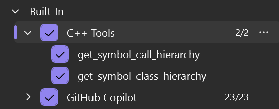 Copilot Chat ayarlarında kullanılabilir C++ araçlarının listesi