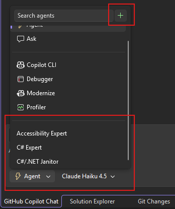 CSharp uzmanı özelleştirilmiş ajanı gösteren ajan seçici