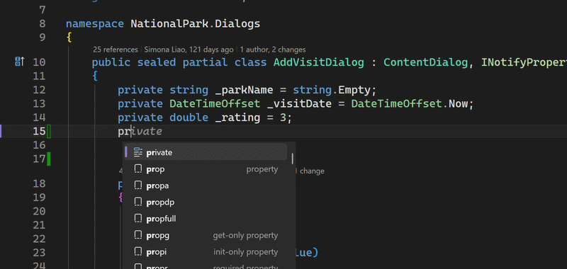Copilot tamamlama devre dışı bırakıldığında gösterilen IntelliSense listesi