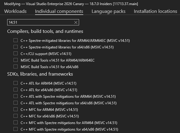 MSVC v14.51 için Visual Studio yükleyici bileşenlerini gösteren ekran görüntüsü