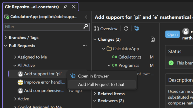 Git Deposu penceresinden Copilot Chat’e çekme isteği ekleme