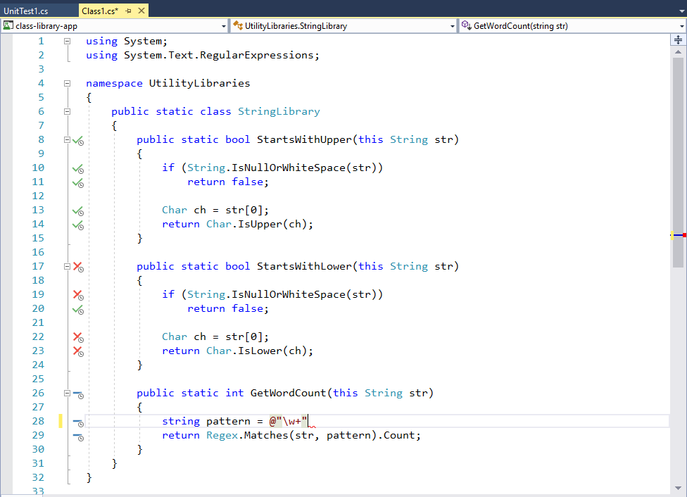 Screenshot that shows code coverage in Visual Studio with timer icon.
