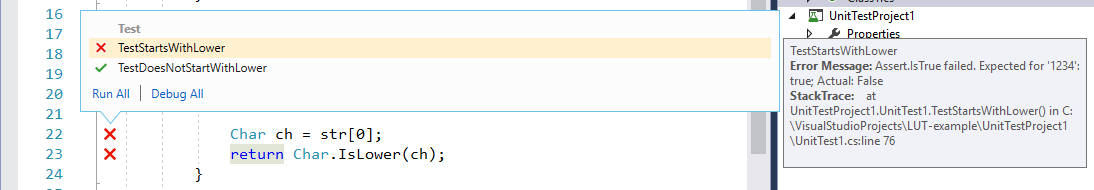 Screenshot that shows failed test tooltip information in Visual Studio.