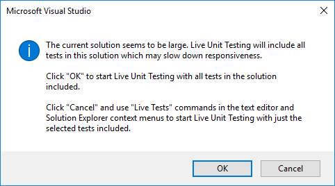 Screenshot that shows Live Unit Testing dialog for large projects.