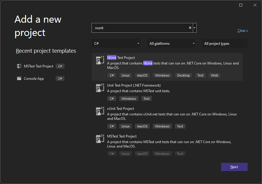 NUnit test projesi şablonu Visual Studio 2022'de