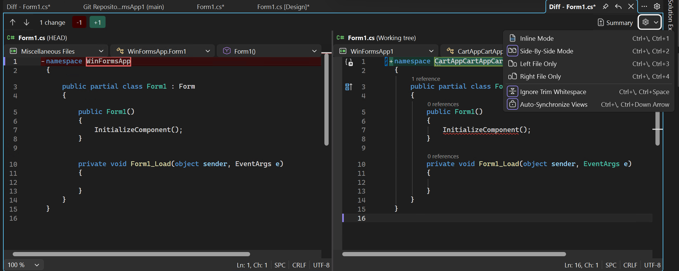 Visual Studio'da dosya sürümlerinin satır satır karşılaştırmalarını gösteren ekran görüntüsü.
