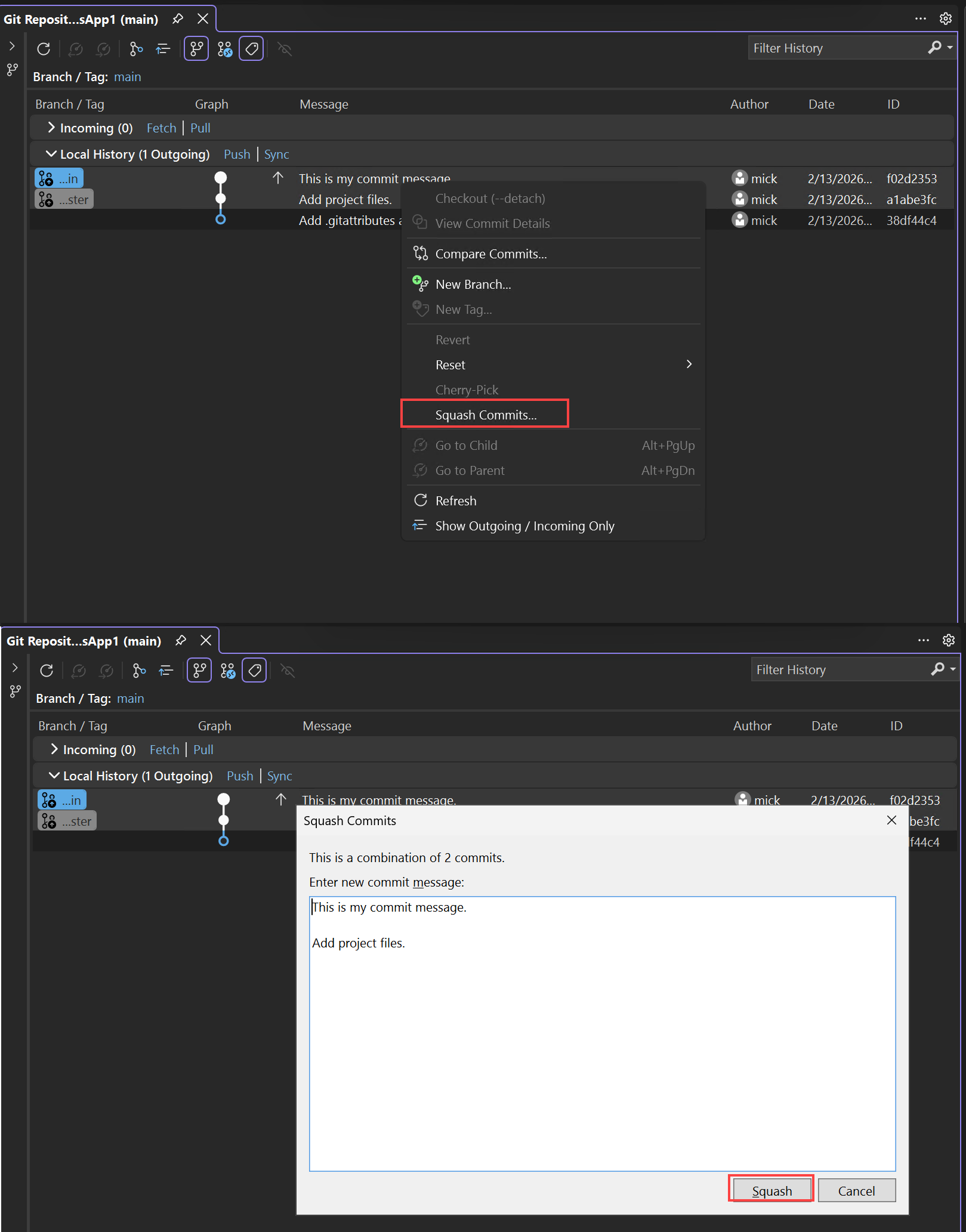 Visual Studio'da işlemeleri sıkıştırma işleminin ekran görüntüsü.
